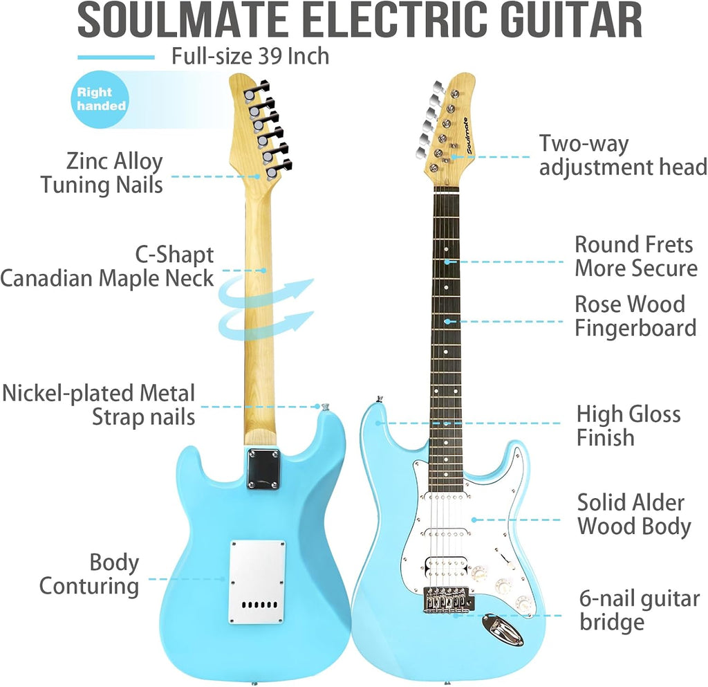Soulmate 39 Inch Electric Guitar Kit for Beginner Solid Body HSS Full Size Starter Electric Guitar with Amplifier, Bag, Capo, Strap, String,Cable, Picks, Blue