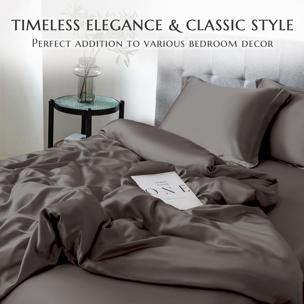 THXSILK 100% Silk Sheet Set, 7A+ Silk Sheet Set Soft Breathable, Luxury Bedding (1 Duvet Cover, 1 Fitted Sheet, 2 Pillow Shams), King, Charcoal