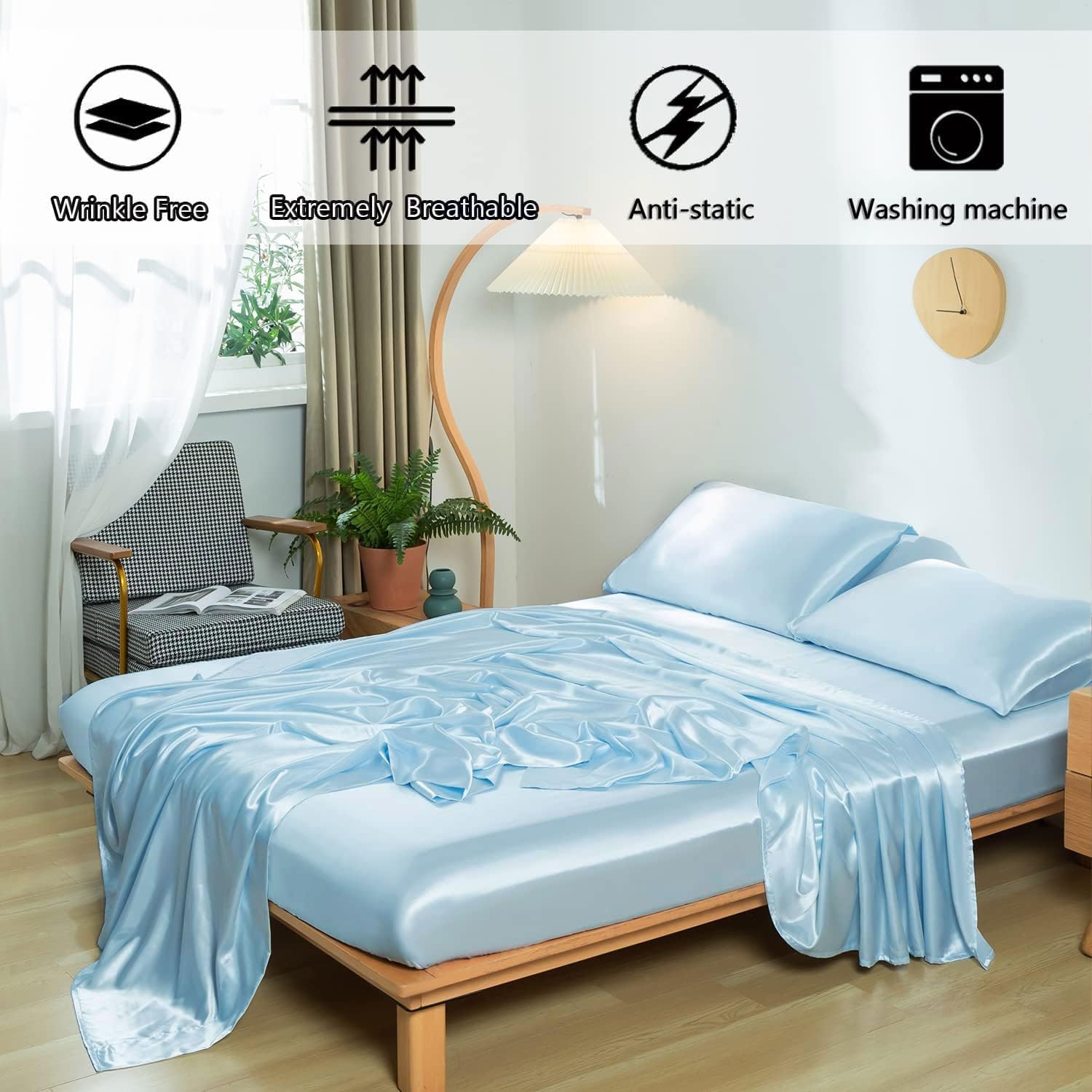 16 Momme 100% Mulberry Silk Bedding Set Full XL Size 4-Piece Luxury (2 Pillowcases, 1 Fitted Sheet, 1 Flat Sheet) - 6A Grade Natural Silk Fits 22-25' Deep Pocket (Solid, Light Blue)
