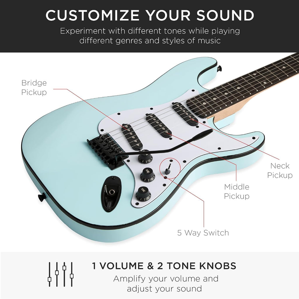 Best Choice Products 39in Full Size Beginner Electric Guitar Starter Kit w/Case, Strap, 11W Amp, Strings, Pick, Tremolo Bar - Powder Blue
