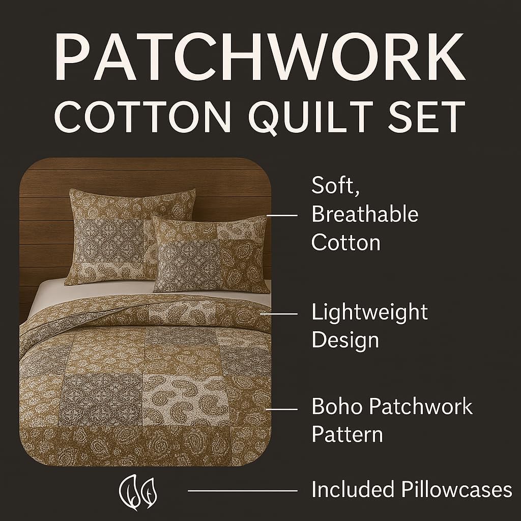 DaDa Bedding Bohemian Cotton Real Patchwork Floral Quilt Bedspread - Moroccan Dreams Filigree Paisley Olive Green Brown - Reversible Multi-Colorful Rustic Quilted Coverlet Set - Twin - 2-Pieces