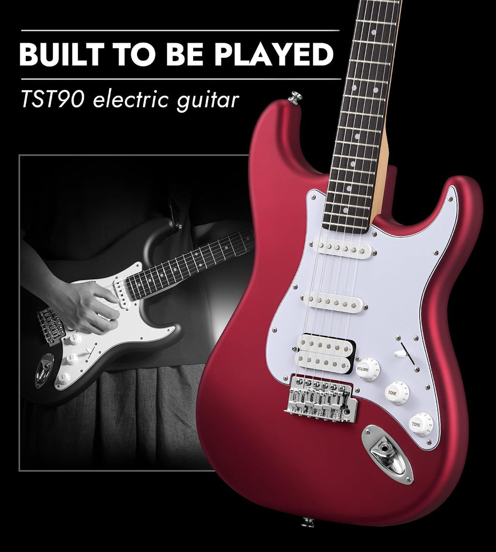 Tostar Beginner Electric Guitar, Solid Body, 39' Full Size Strat Style with HSS Pickups, 5-Way Switch, Tremolo Bridge, Maple Neck & Tectona Fretboard, Ideal for Beginners and Gifting, Red