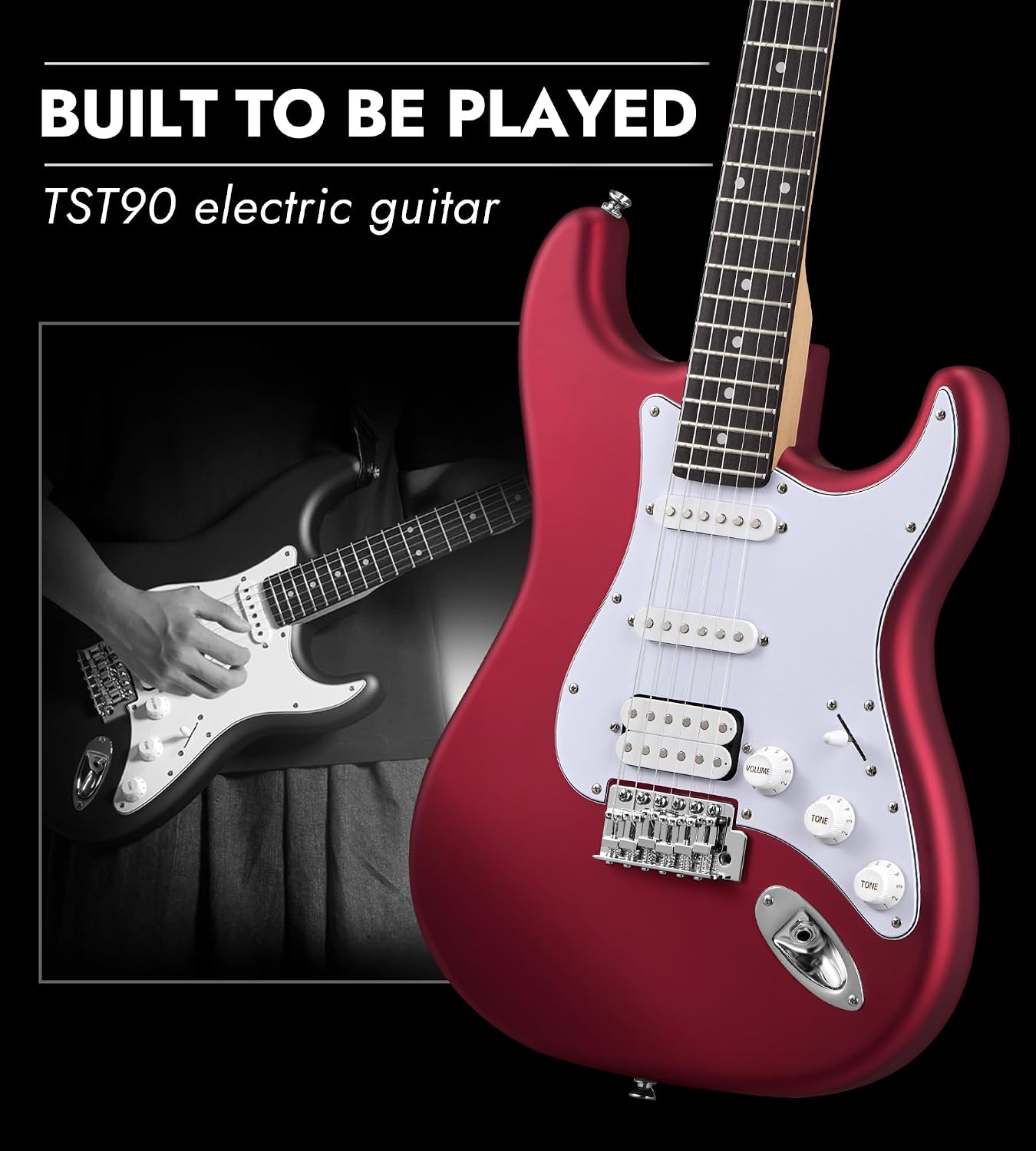 Tostar Beginner Electric Guitar, Solid Body, 39' Full Size Strat Style with HSS Pickups, 5-Way Switch, Tremolo Bridge, Maple Neck & Tectona Fretboard, Ideal for Beginners and Gifting, Red