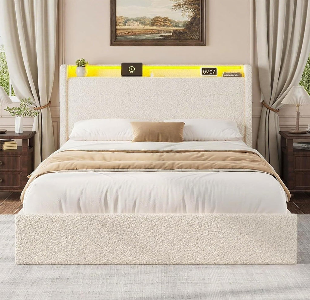 Queen LED Bed Frame with 4 Storage Drawers and Storage Headboard, Soft Boucle Upholstered Platform Bed Frame with Charging Station and USB Ports, Solid Wood Slats Support, No Box Spring Needed, Cream