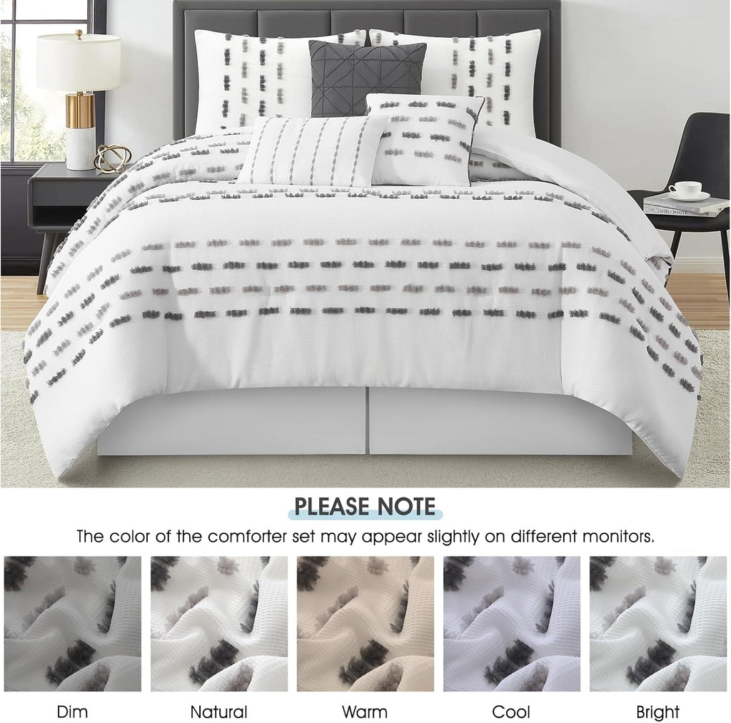 LANCO MODERN LIFESTYLE White Grey 7 Piece Comforter Set, California King, Clip Waffle Texture Stripe Design, Soft Polyester Bedding for All Seasons, Includes Bedskirt, Shams and Decorative Pillows