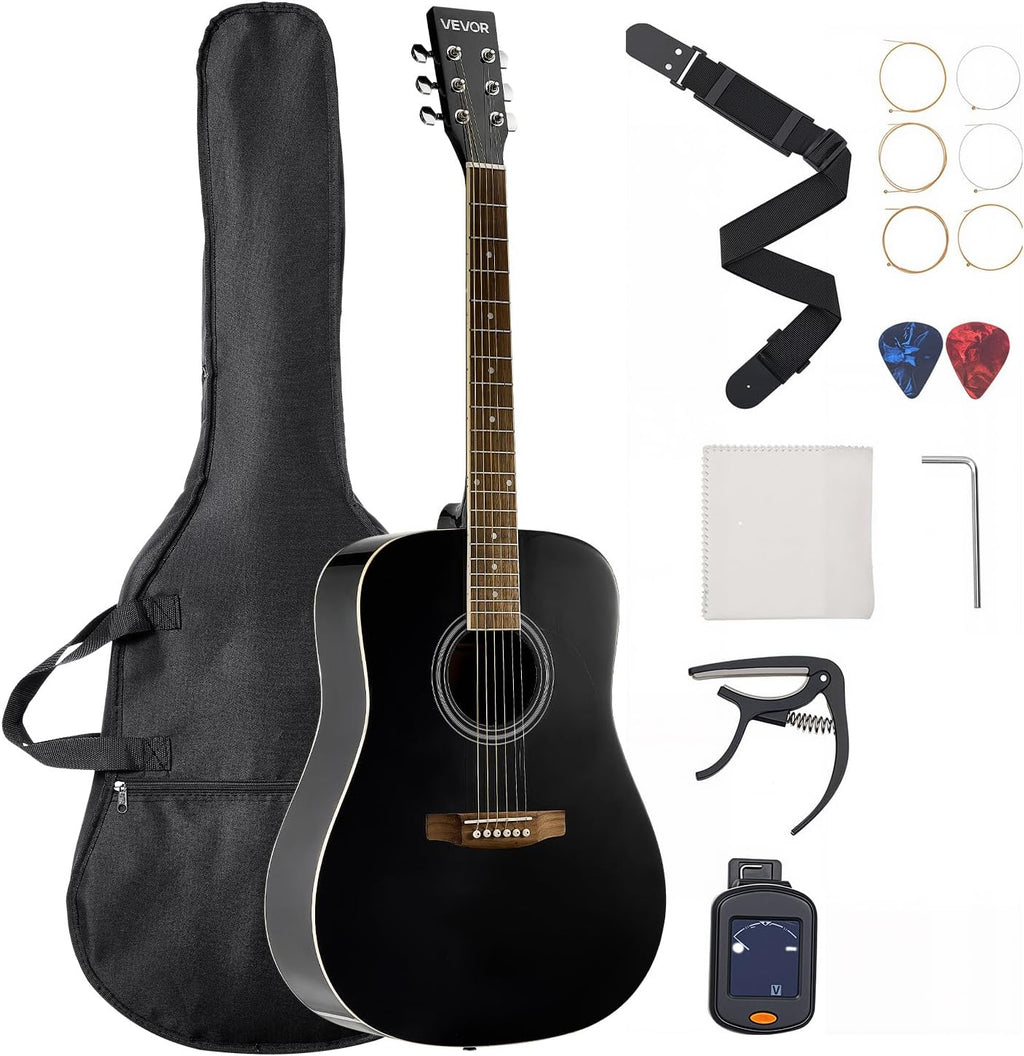 VEVOR Dreadnought Acoustic Guitar, 41 in, 6-String Black Solid Spruce Top Guitar, Beginner Bundle with Gig Bag, Tuner, Strap, Steel Strings, Picks, Capo, Rosewood Fingerboard, for Adult Taller Player