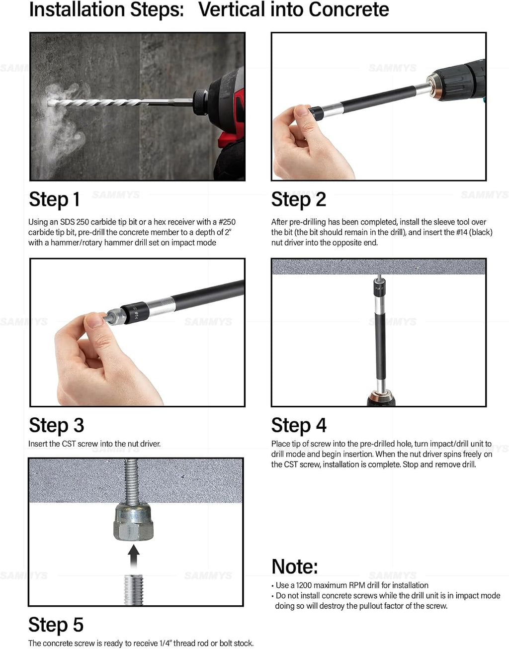 Everflow Sammys 8046957-100 TEK 50 3/8 Inch Screw Vertical Threaded Rod Anchor Designed for Steel Structure, Steel w/ Electro-Zinc, Corrosion Resistance, 12-24 x 1-1/2 Inch Screw Length (Pack of 100)