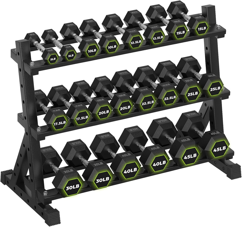 HANDBODE 3-Tier Dumbbell Rack Stand, 1000LB Capacity Storage Rack, Weight Rack for Dumbbells, Kettlebell, 390–700 lb Rubber Coated Fixed Weight Sets, Home Gym Strength Training Equipment