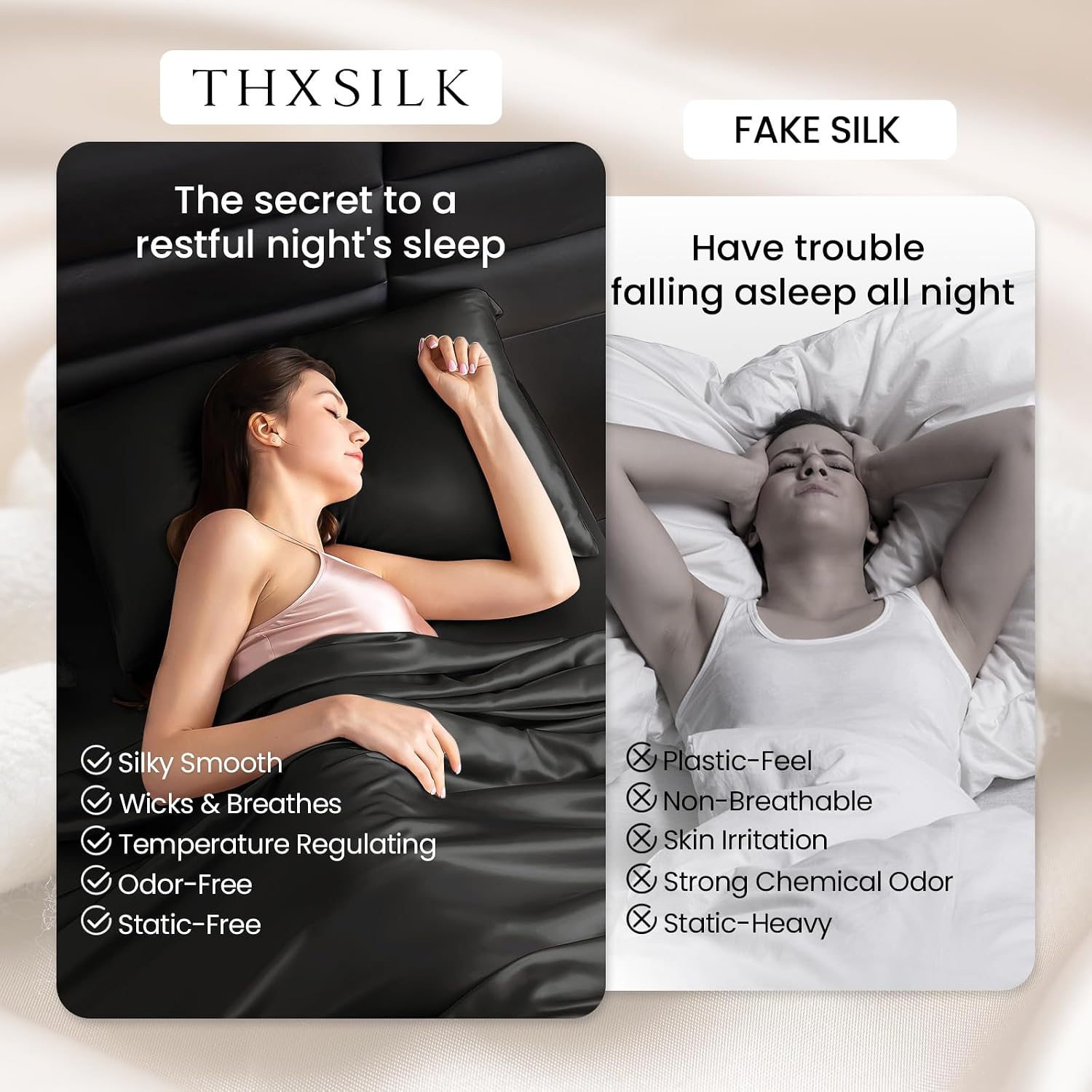 THXSILK Silk Sheet Set 4 Pcs, Cal King Size Sheet Set, 22 Momme 7A+ Silk Sheets, Soft and Breathable Bed Sheets with 1 Flat Sheet, 1 Fitted Sheet, 2 Pillow Shams, Black
