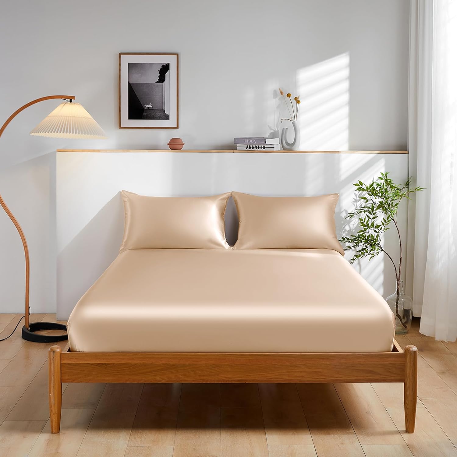 THXSILK 100% Mulberry Silk Bed Sheet Set - 3pcs Pure Silk Sheet Set - 16' Deep Pocket Fitted Sheet, 2 Pack Silk Pillowcase with Zipper Closure - Full Size, Beige