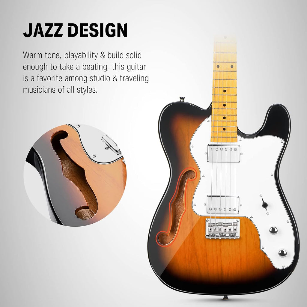 Donner 39 Inch Jazz Electric Guitar TL Thinline F Hole Beginner Full Size Hollow Guitar with H-H Pickups,Bag, Strap, Cable,Sunburst(DJC-1000S)