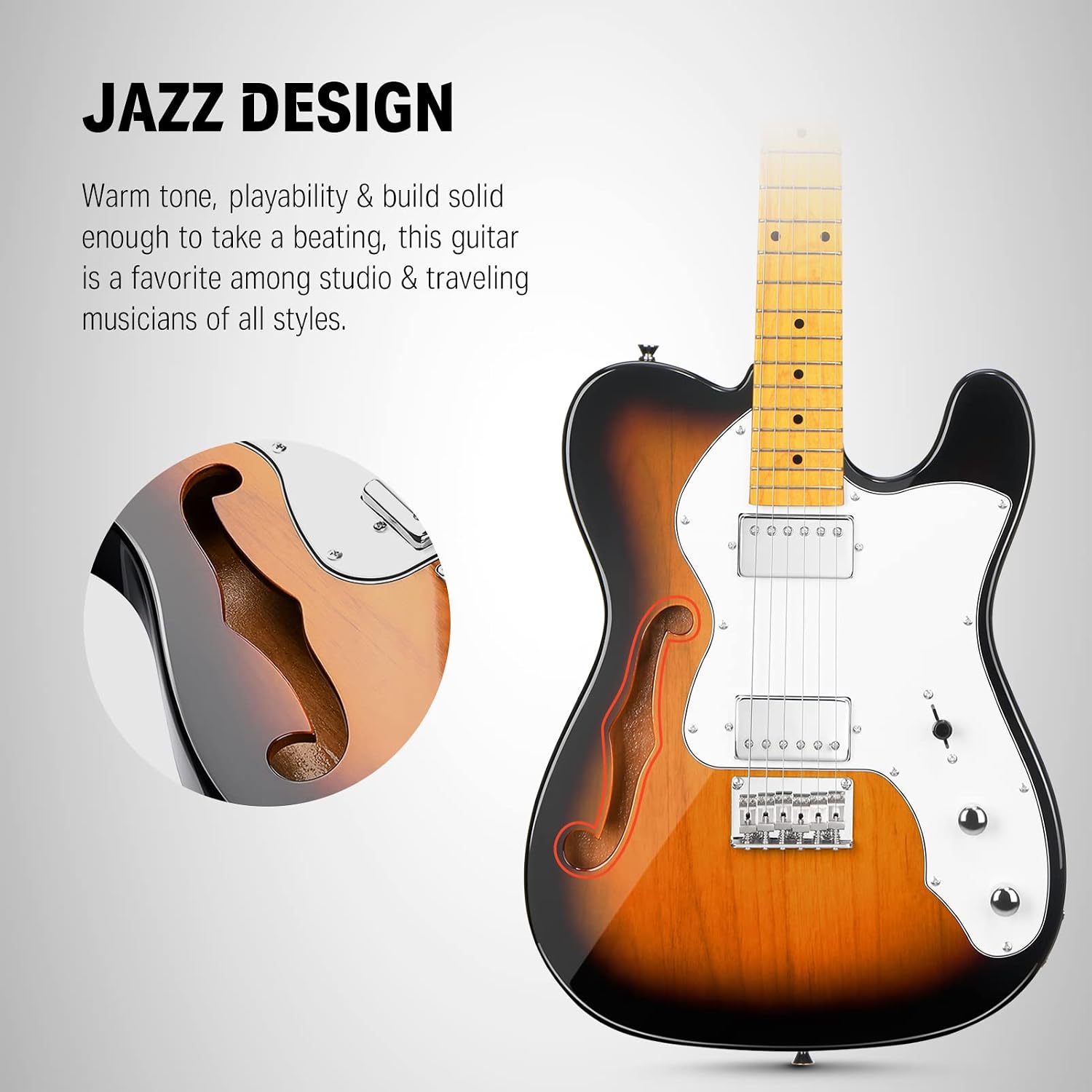 Donner 39 Inch Jazz Electric Guitar TL Thinline F Hole Beginner Full Size Hollow Guitar with H-H Pickups,Bag, Strap, Cable,Sunburst(DJC-1000S)