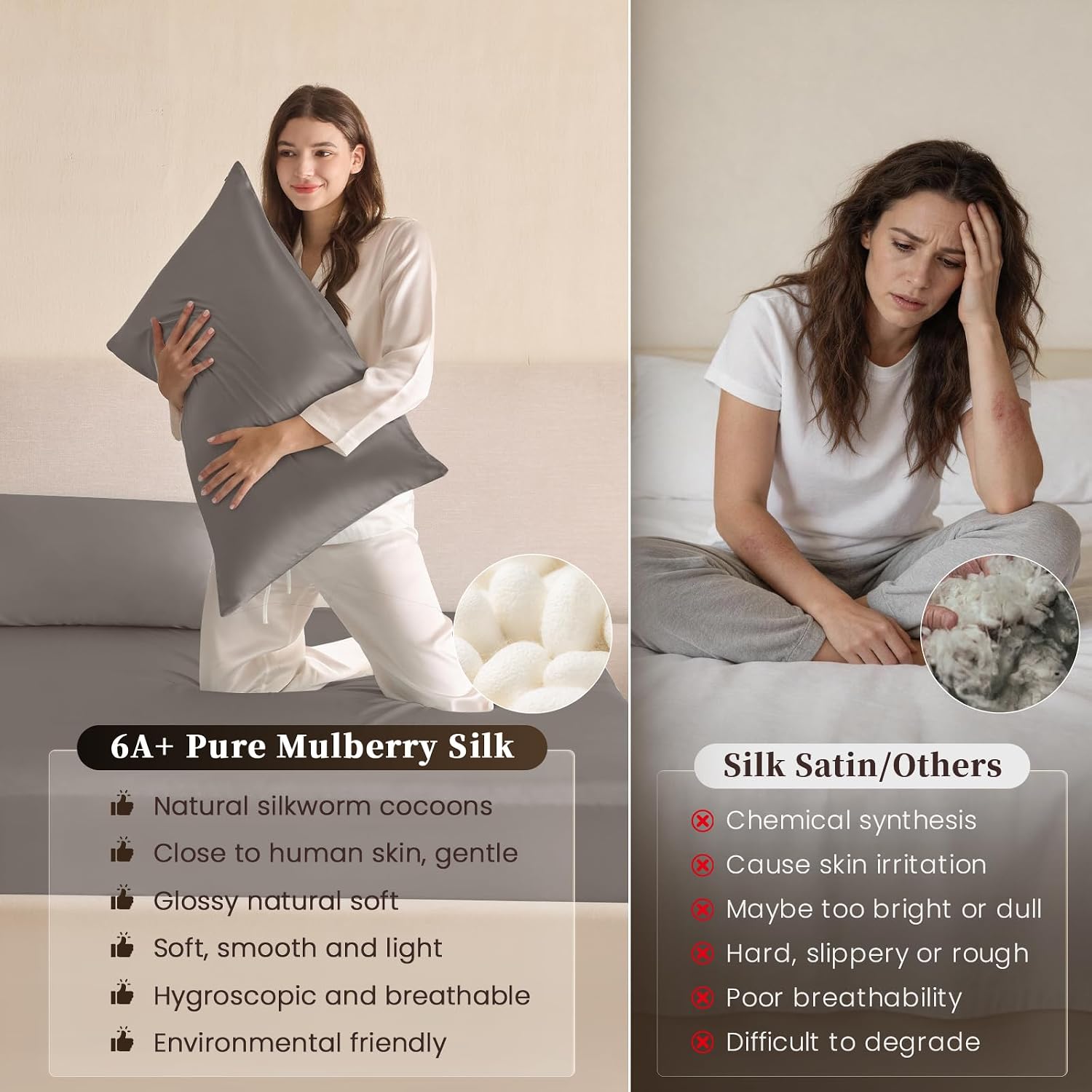 THXSILK 6A+ Top Grade 100% Pure Mulberry Silk King Fitted Sheet 3Pcs Set Bed Sheets Luxury Bedding for Hair and Skin Breathable Natural Materials, 1 Fitted Sheet with 2 Pillowcases, Charcoal