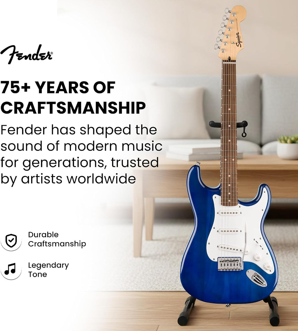 Fender Squier Sonic Stratocaster Pack - Sapphire Blue Transparent Bundle with Frontman 10G Amp, Gig Bag, Tuner, Instrument Cable, Strap, and Picks
