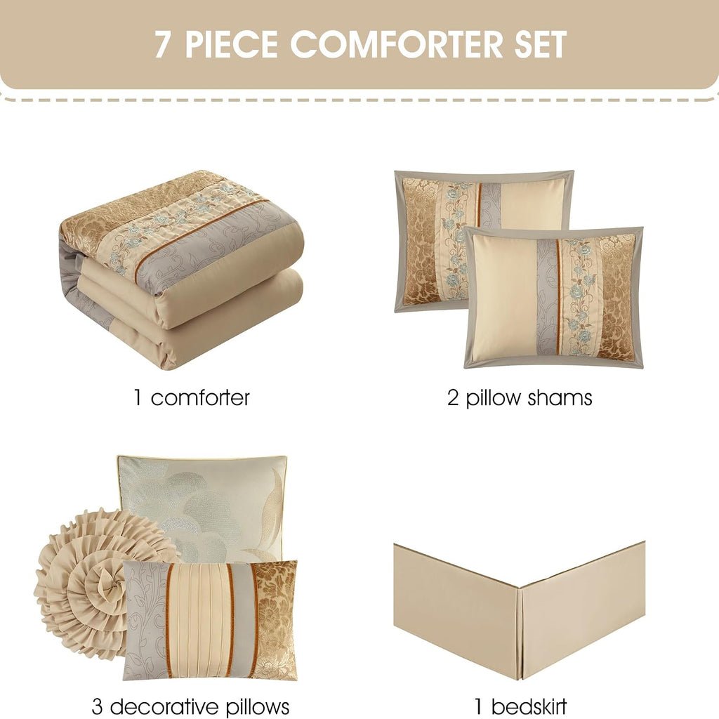 Grand Avenue Sand King Comforter Set, Piecework with Flocking Embroidery Bedding, Floral 7 Pieces Comforters, Bedskirt, Pillows & Shams