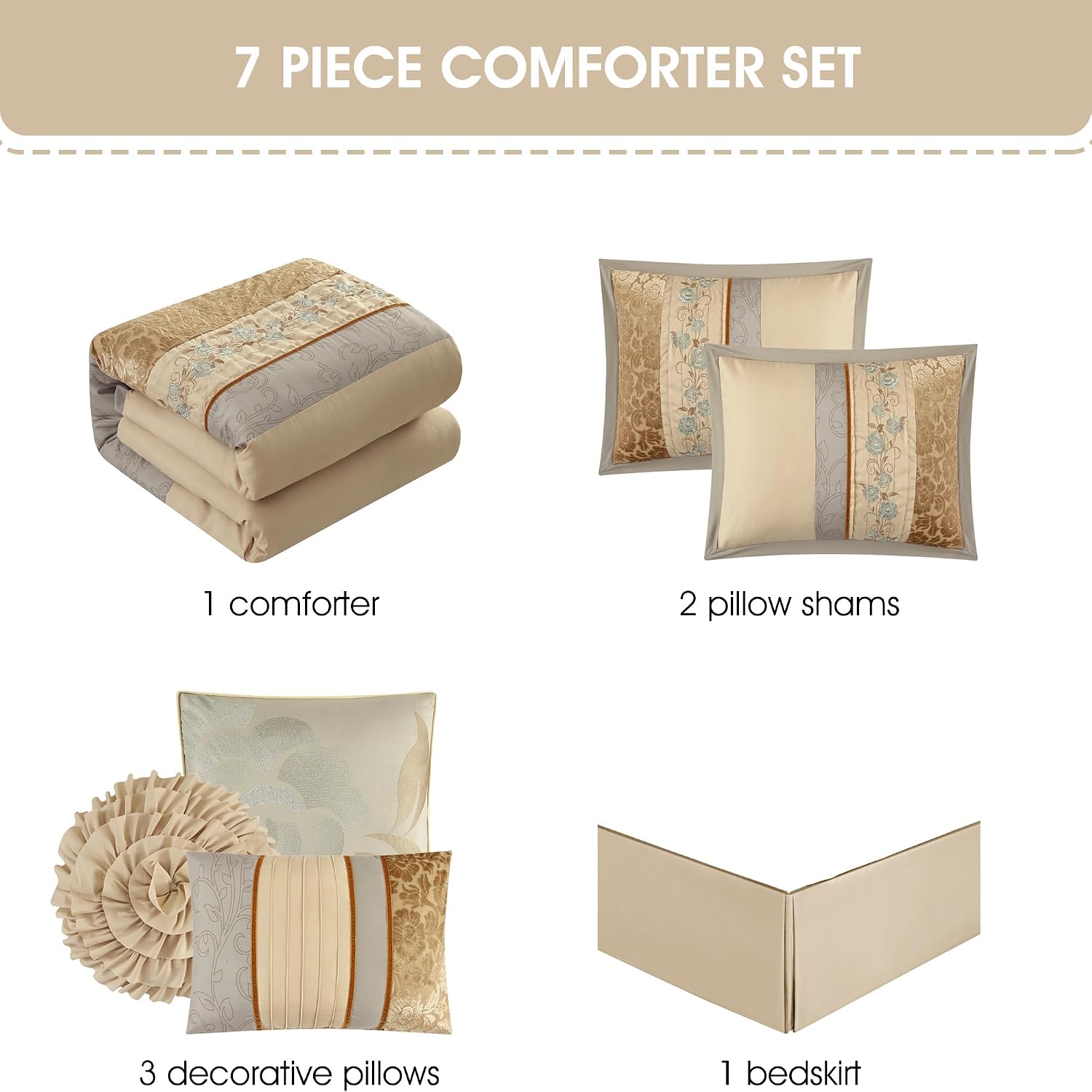Grand Avenue Sand King Comforter Set, Piecework with Flocking Embroidery Bedding, Floral 7 Pieces Comforters, Bedskirt, Pillows & Shams