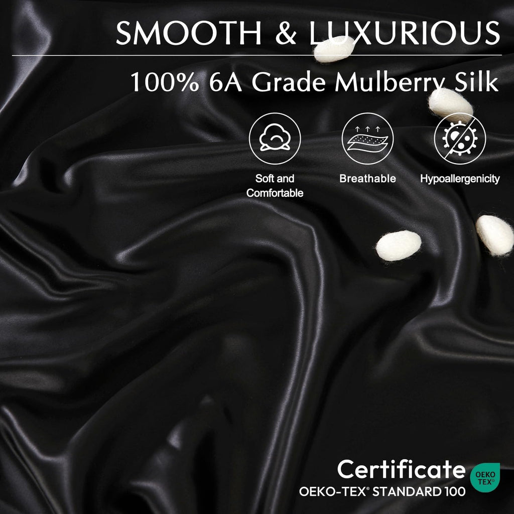 ZIMASILK 100% 19 Momme Mulberry Silk Fitted Sheet, Seamless with Deep Pocket, Soft, Silky & Hypoallergenic for Luxury Sleep (King 78''x80''+16',Black)