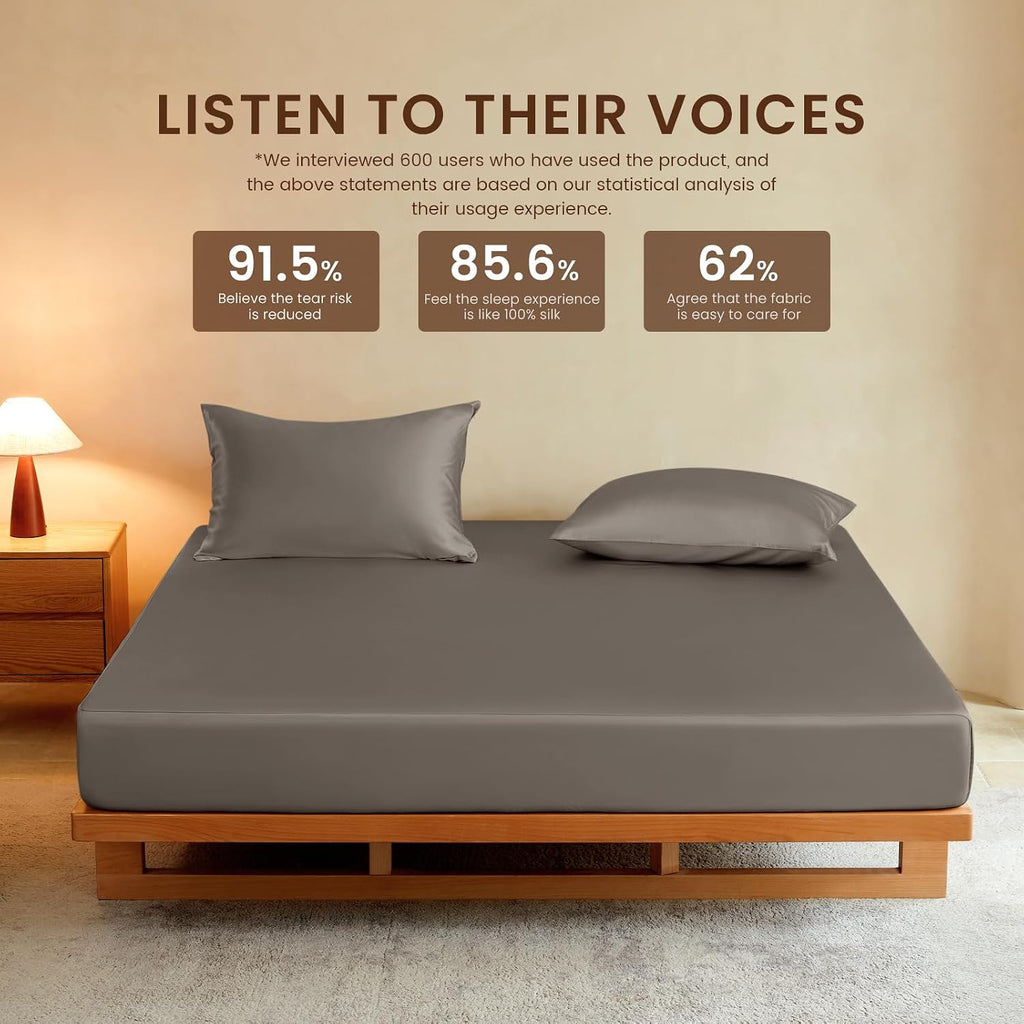 THXSILK Luxury Mulberry Silk Fitted Sheet Set 3 Pcs, King Silk Bed Sheet Set with 16' Deep Pockets, Soft & Cooling Sheets, 1 Fitted Sheet, 2 Pillowcases with Zipper Closure - Charcoal