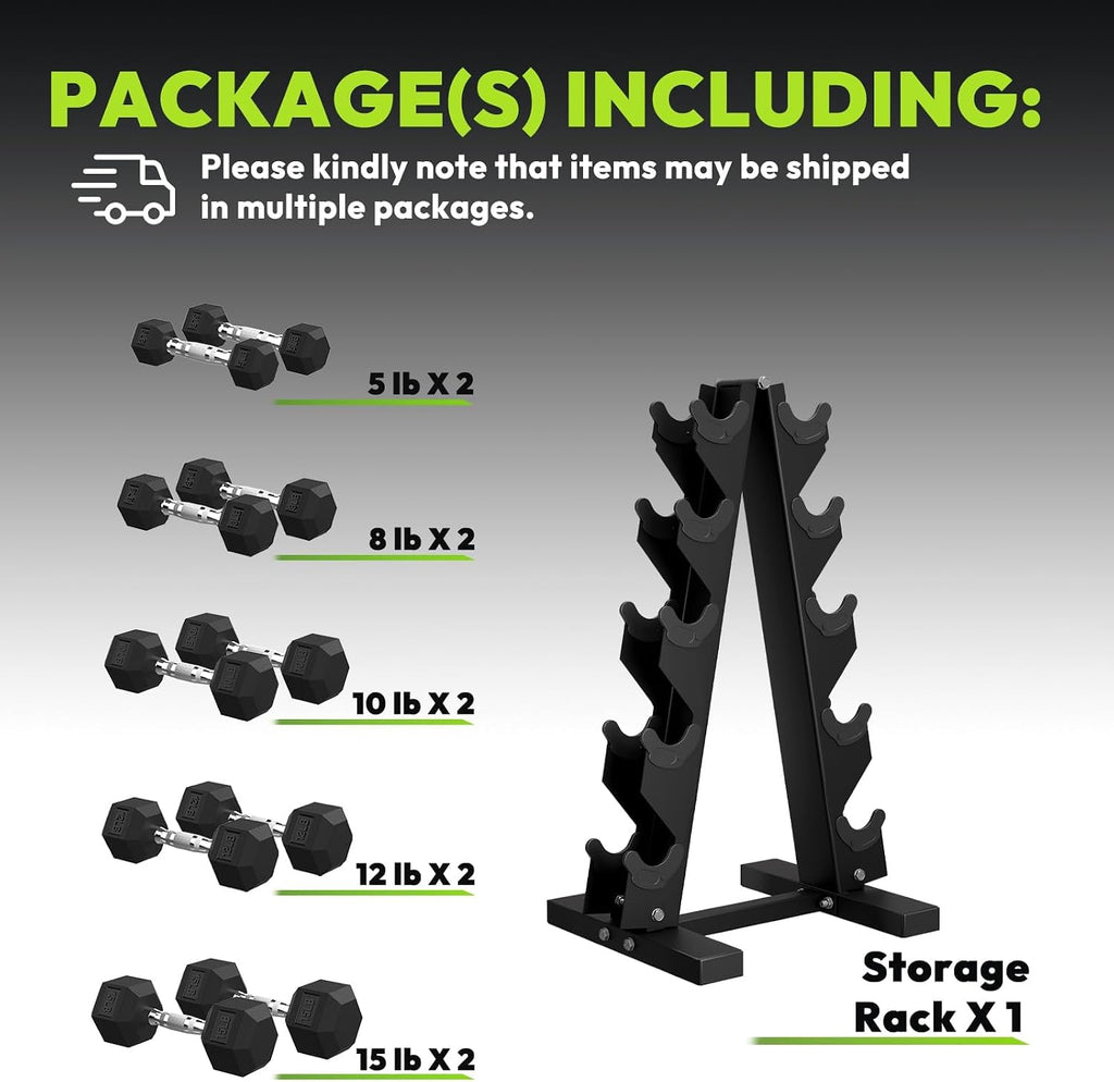 HANDBODE Rubber Coated Hex Dumbbell Set with A-Frame Rack, 100 lb - 550 lb Multiple Options Weight, Hexagon Non-Rolling Shape, Ergonomic Knurled Handle, Home Gym Equipment for Strength Training