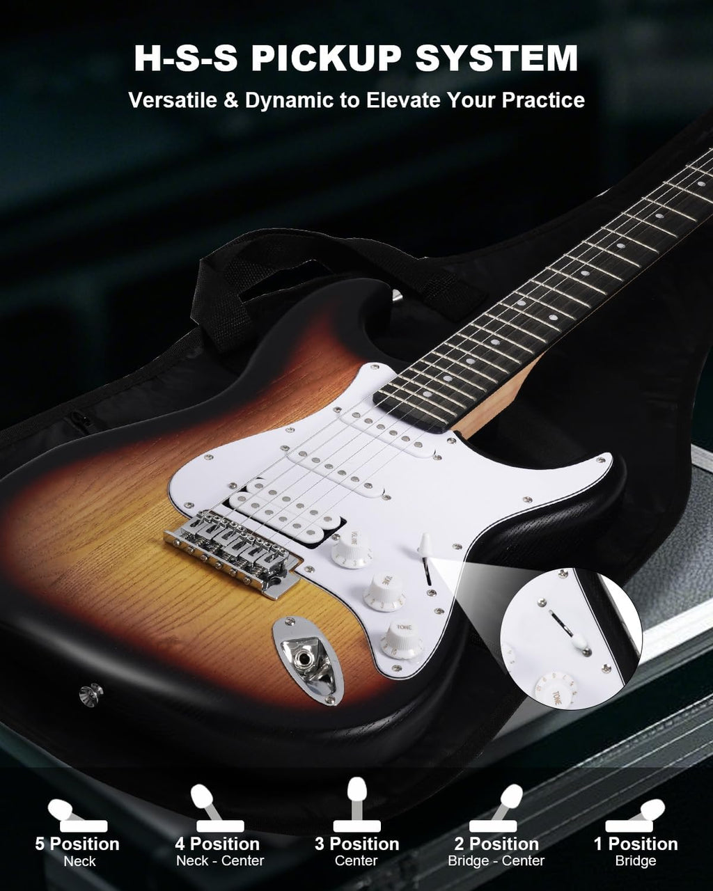 RVONE RST-150 39'Beginner Electric Guitar Kit with Amplifier, Classic HSS Pickup, Electric Guitar with Gig Bag, Capo, Strap, Extra Strings, Digital Tuner, 3 Picks, Cleaning Cloths (Sunburst)