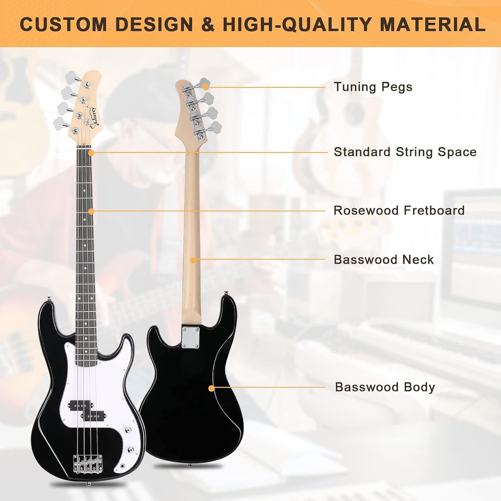 GLARRY Full Size Electric Bass Guitar Beginner Kit 4 String Exquisite Basswood Bass with 20W AMP, Cable, Strap, Bag and Accessories (Black, 39'Right Handed)