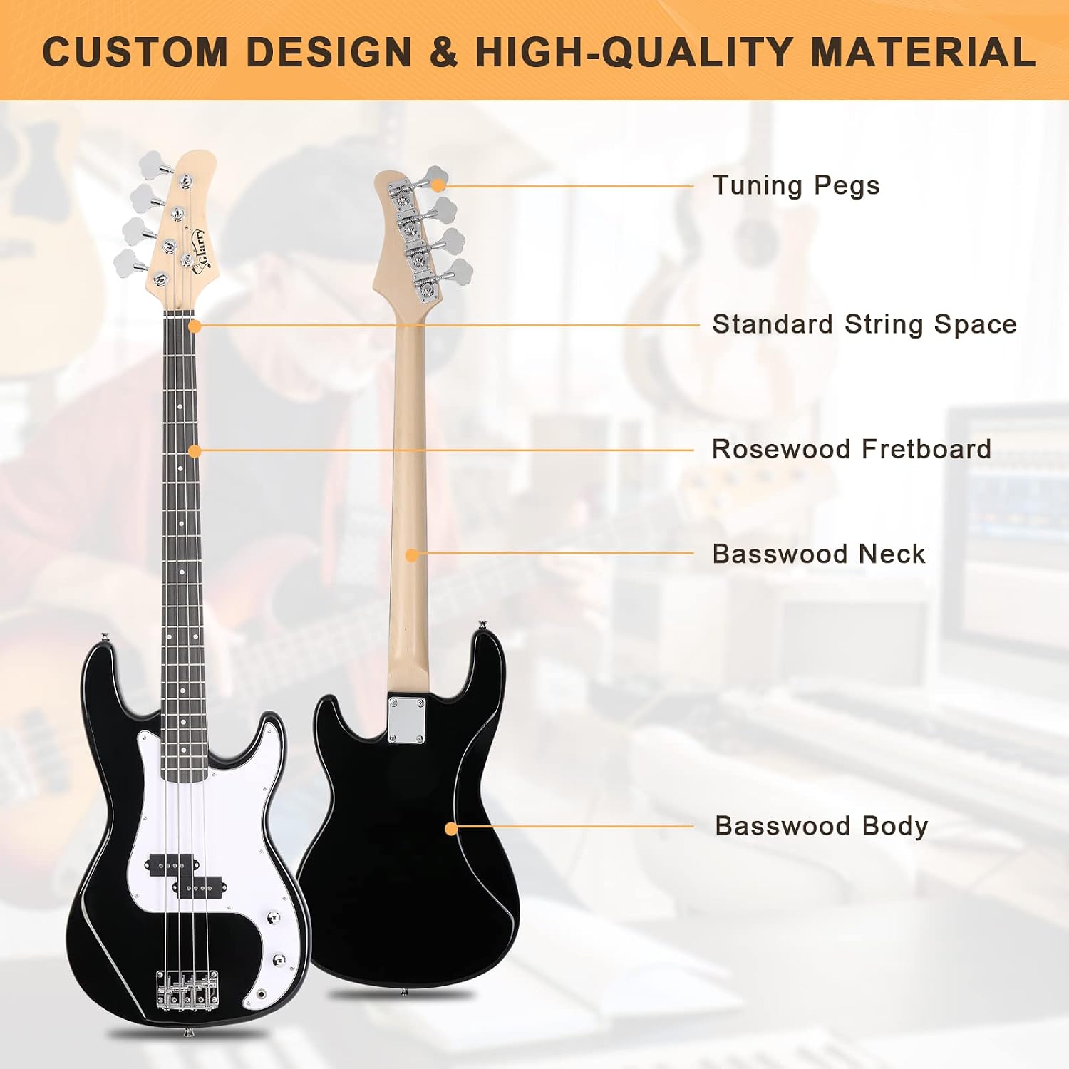 GLARRY Full Size Electric Bass Guitar Beginner Kit 4 String Exquisite Basswood Bass with 20W AMP, Cable, Strap, Bag and Accessories (Black, 39'Right Handed)