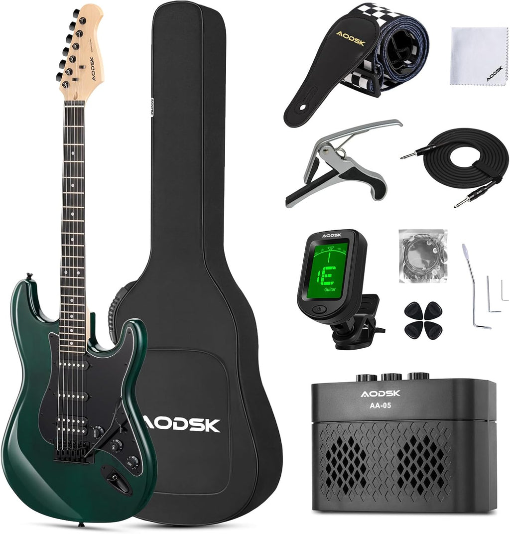 AODSK Electric Guitar, 39' Beginner Electric Guitar Kit, Matte Finish, HSS Pickups, Guitar Starter Kit with AMP, Includes Digital Tuner, Strings, Pick, Vibrato Bar, Capo, Strap, Gig Bag (Green)