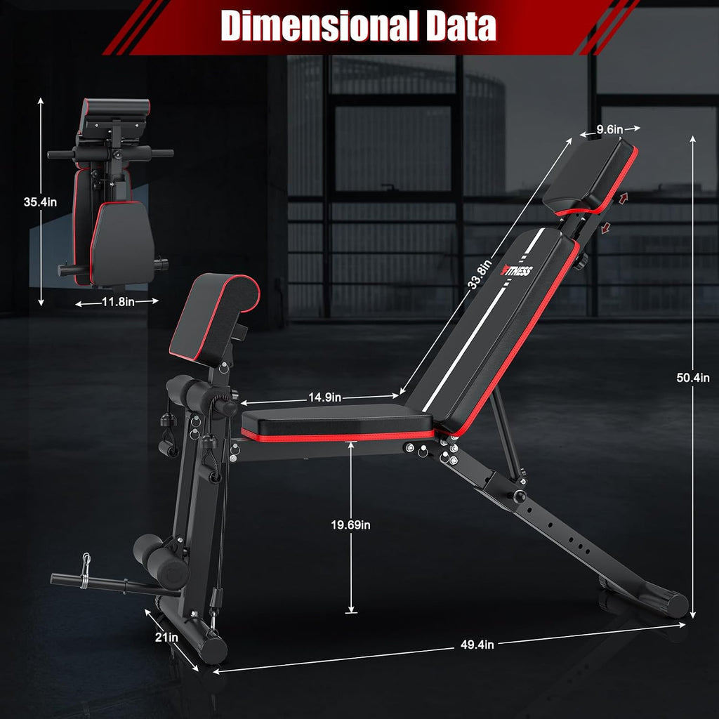 XDDIAS Adjustable Weight Bench, Workout Bench with Leg Extension and Preacher Curl Pad, Weight Bench for Home Gym, Foldable Exercise Bench, Quick Adjustment Incline Bench Press