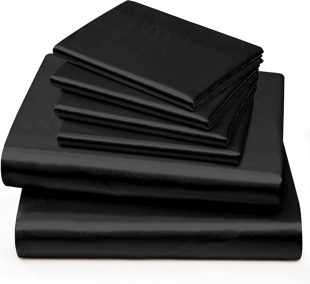 6 Piece Mulberry Silk Sheet Set Twin XL Size (39x80)+ Upto 16 Inch Deep Pocket Black Color Smooth Soft and Silk Bed Sheets Twin Size Bedding Set