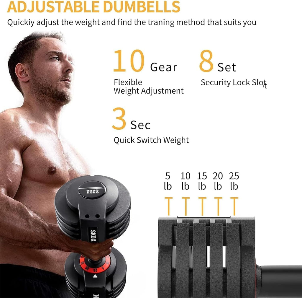 SKOK 25/55 lbs Pair Adjustable Dumbbells Set, Adjustable Weights Dumbbells Set for Men and Women with Anti-Slip Fast Adjust Weight by Turning Handle Dumbbell with Tray