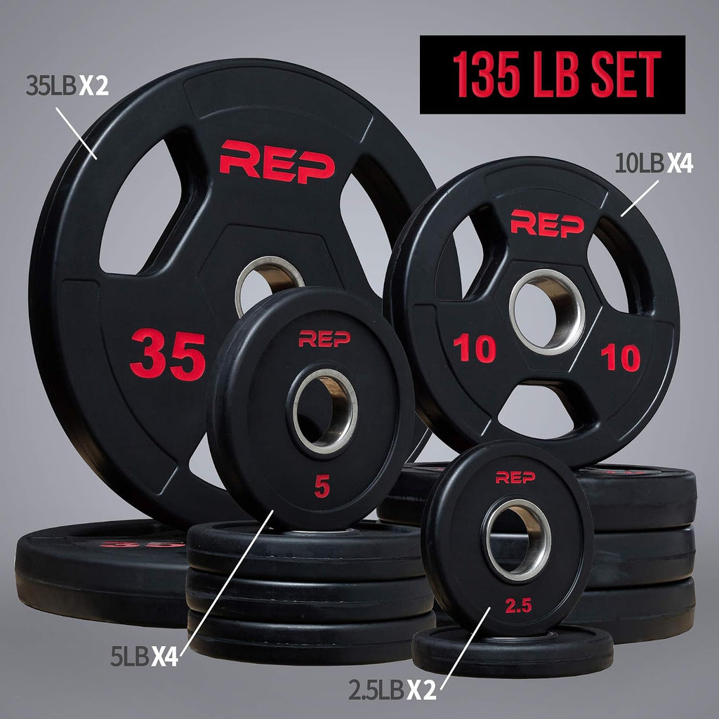 REP Fitness Rubber Coated Olympic Plates, Updated Design - Tri-Grip Olympic Barbell Weights – Sold in Pairs and Sets…