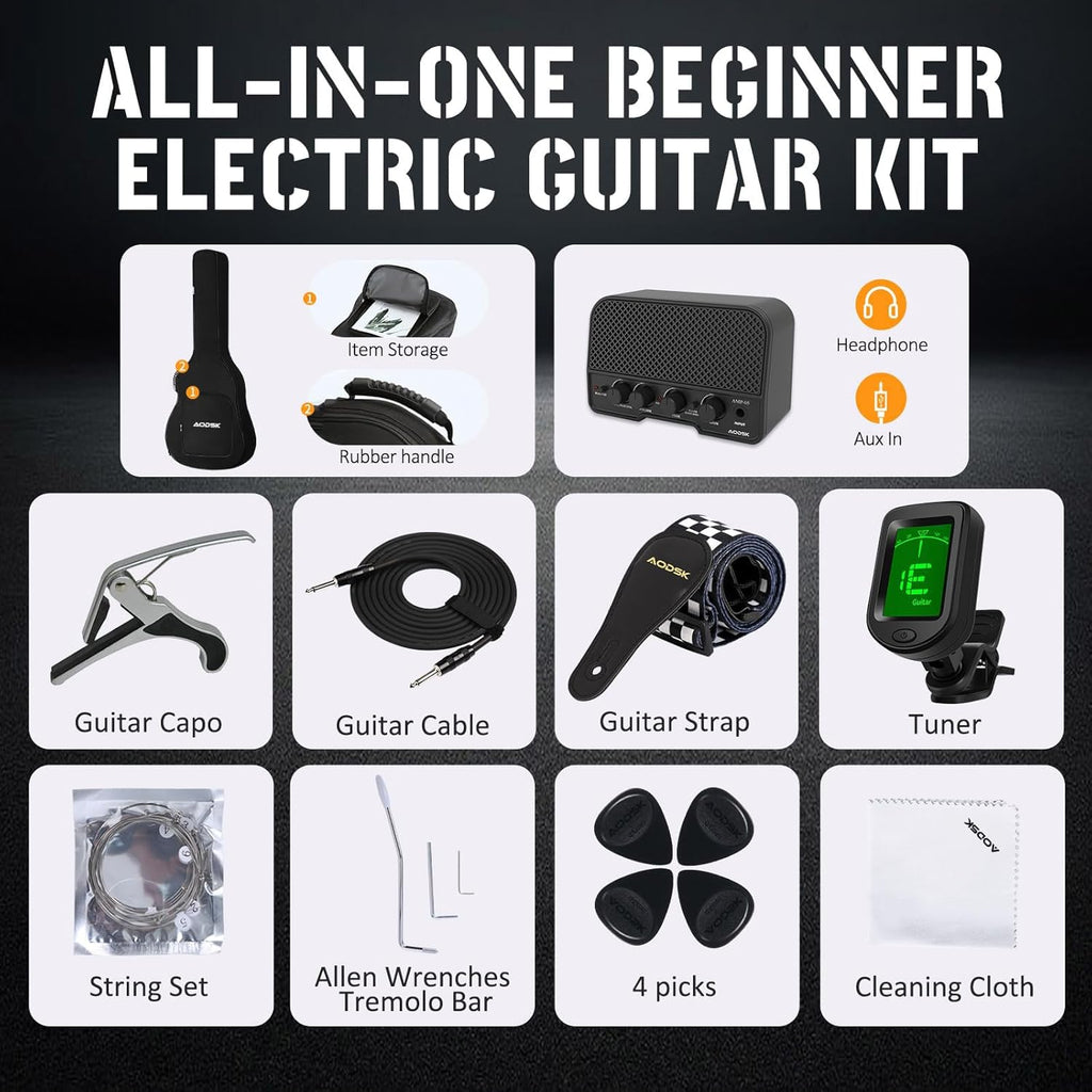 AODSK Electric Guitar with Amp Beginner Kit 39 Inch Solid Body Full Size,All Accessories,Digital Tuner,Six Strings,Four Picks,Tremolo Bar,Strap,Gig Bag,Starter kit (Black-HSS)