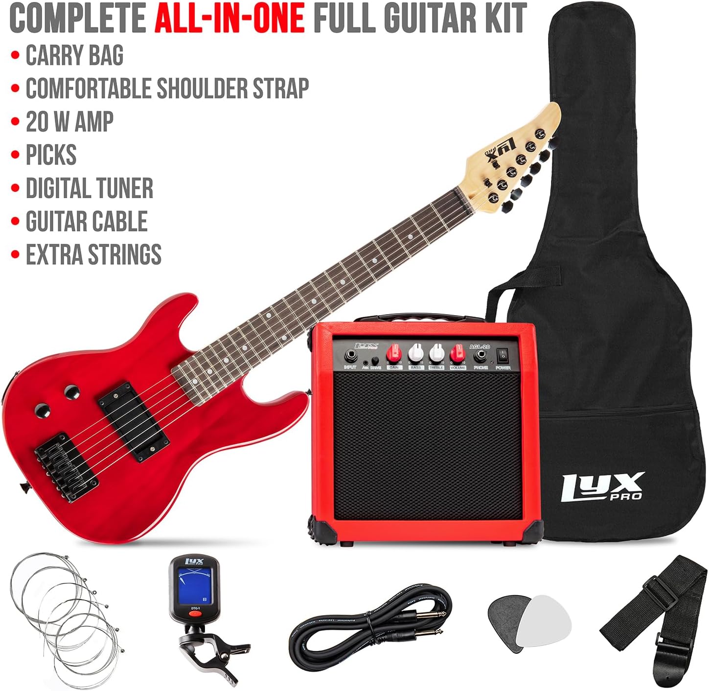 LyxPro Left Hand 30 Inch Electric Guitar Kit for Lefty Kids 3/4 Size Beginner's Guitar, Amp, Six Strings, Two Picks, Shoulder Strap, Digital Clip On Tuner, Guitar Cable and Soft Case Gig Bag - Red