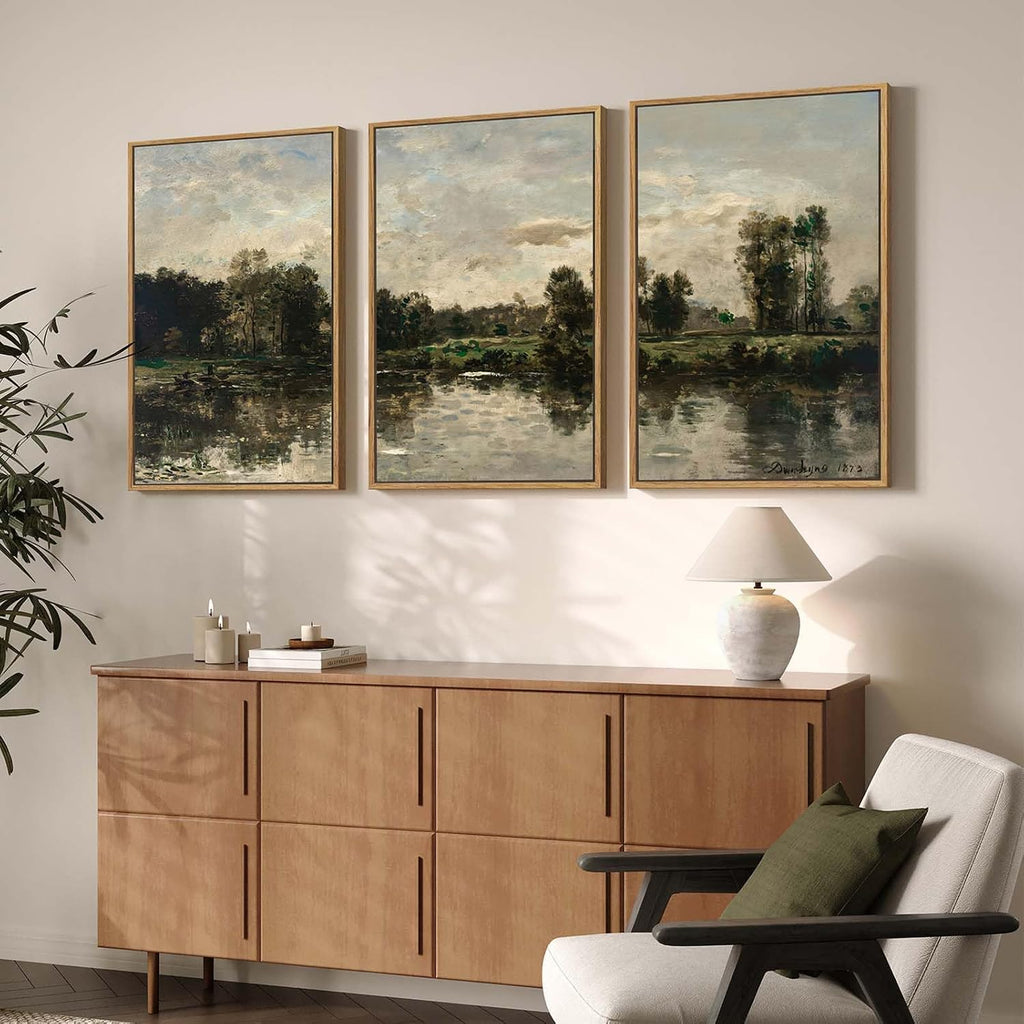 Framed Vintage Landscape Wall Art for Living Room, 3 Piece Rustic Lake Forest Canvas Artwork for Walls, Large Classic Nature Scenic Painting Prints for Bedroom Office Hallway Wall Decor, 20x30 Inch