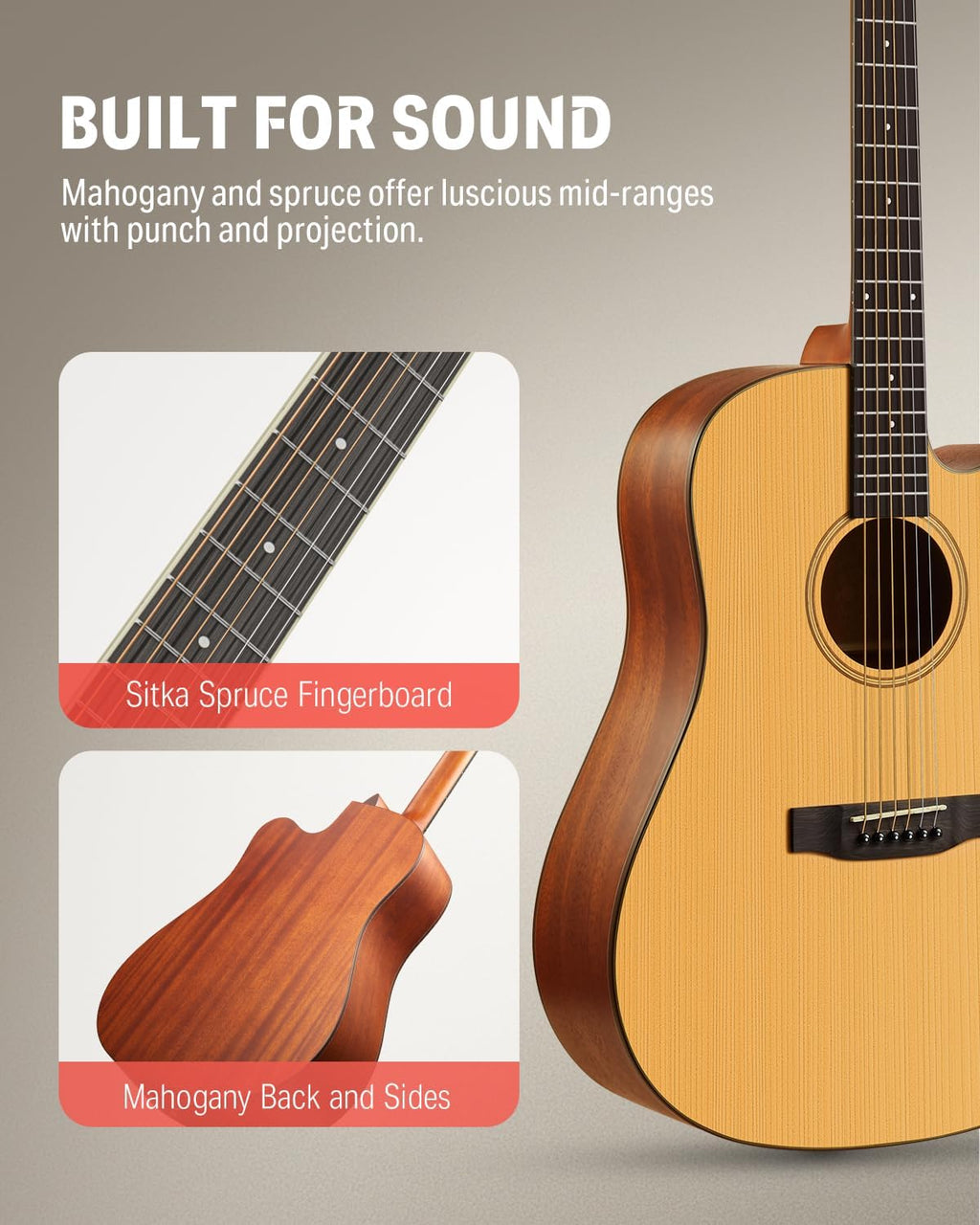 Donner 41' Acoustic Guitar Bundle for Beginners Adults with Online Lesson, 4/4 Full Size Steel Acustica Guitarra with Gig Bag, Tuner, Strap, Strings, Picks, Capos, Cutaway, Natural, DAG-1C/DAD-110C