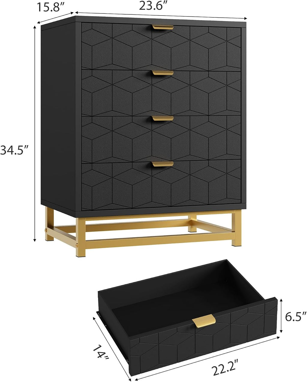 IDEALHOUSE Black Dresser for Bedroom, 4 Drawer Dresser with Metal Legs, Modern Dressers Chest Organizer with Wide Storage, Chest of Drawers for Bedroom, Living Room, Entryway