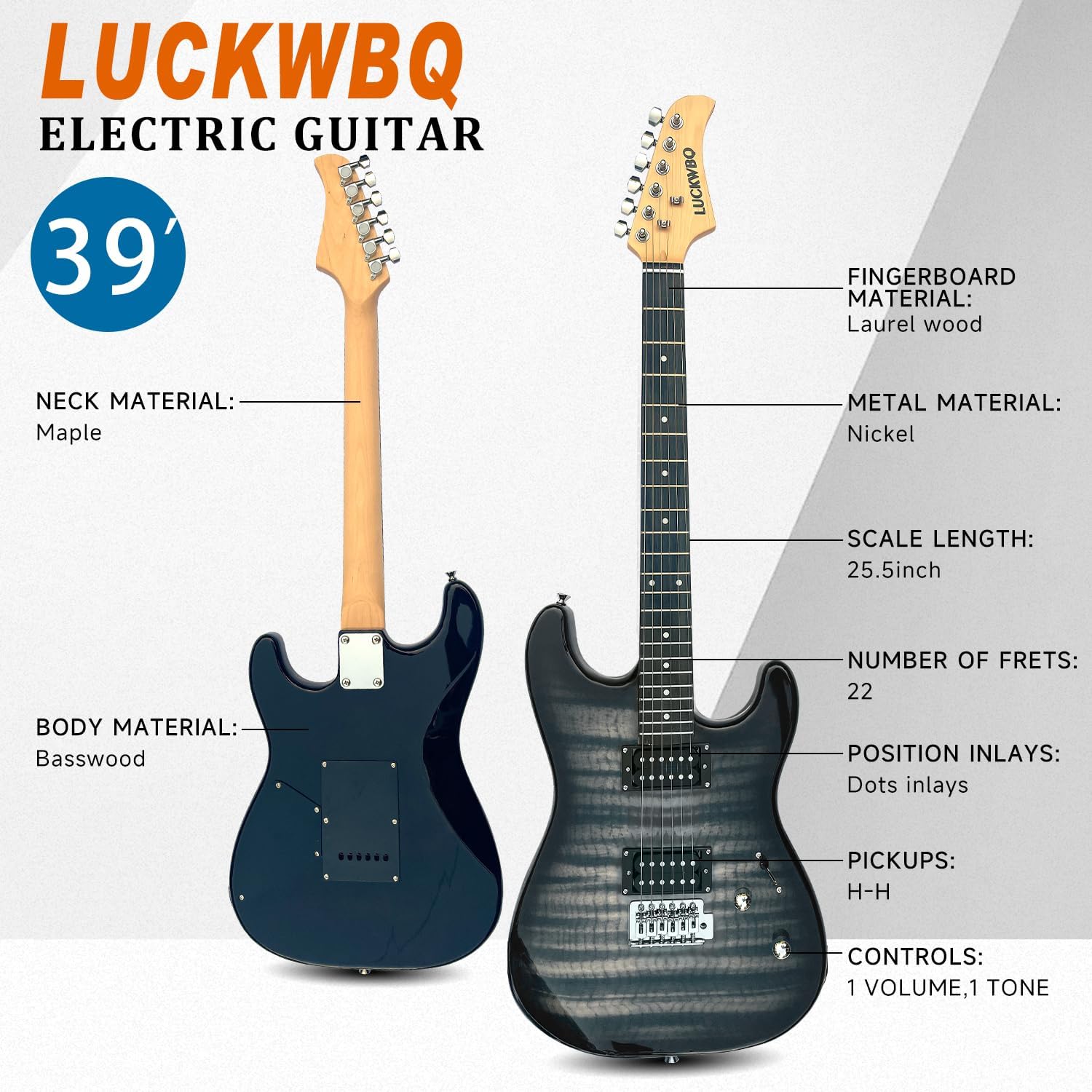 39' Full Size ST Style Electric Guitar Starter Kit with HH Pickup, 20W Portable Amp, Tuner, Gig Bag, Strap & Accessories (Black Flame)