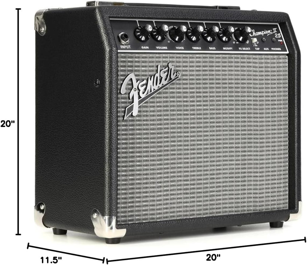 Fender Champion II 25 Guitar Amp, 25 Watts Bundle with Fender Joe Strummer Instrument Cable (13ft) Straight/Straight, Drab Green