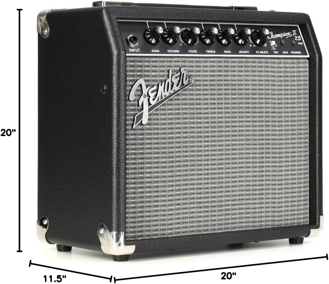 Fender Champion II 25 Guitar Amp, 25 Watts Bundle with Fender Joe Strummer Instrument Cable (13ft) Straight/Straight, Drab Green