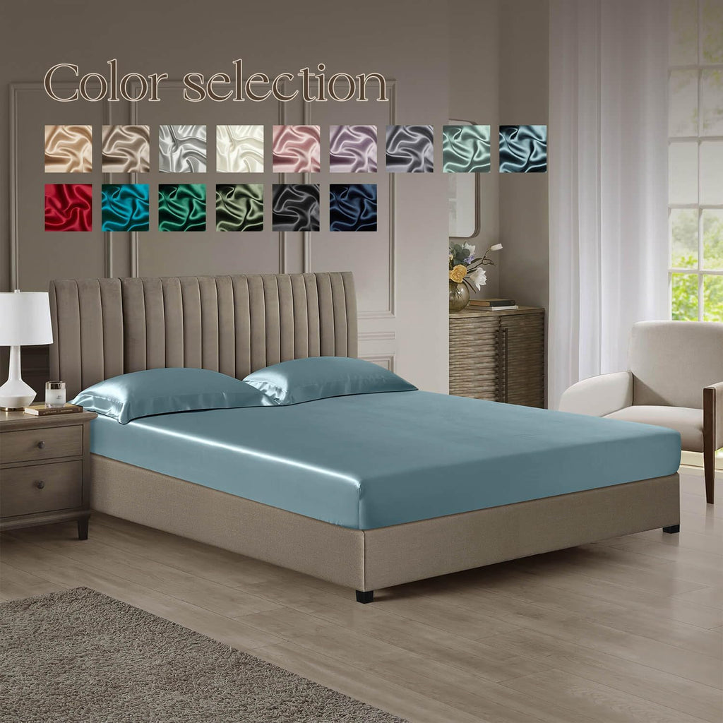 DISANGNI 22 Momme 100% Mulberry Silk Bedding Set - 4-Piece Luxury (2 Pillowcases, 1 Fitted Sheet, 1 Flat Sheet) - 6A Grade Natural Silk (Blue Gray, Queen)