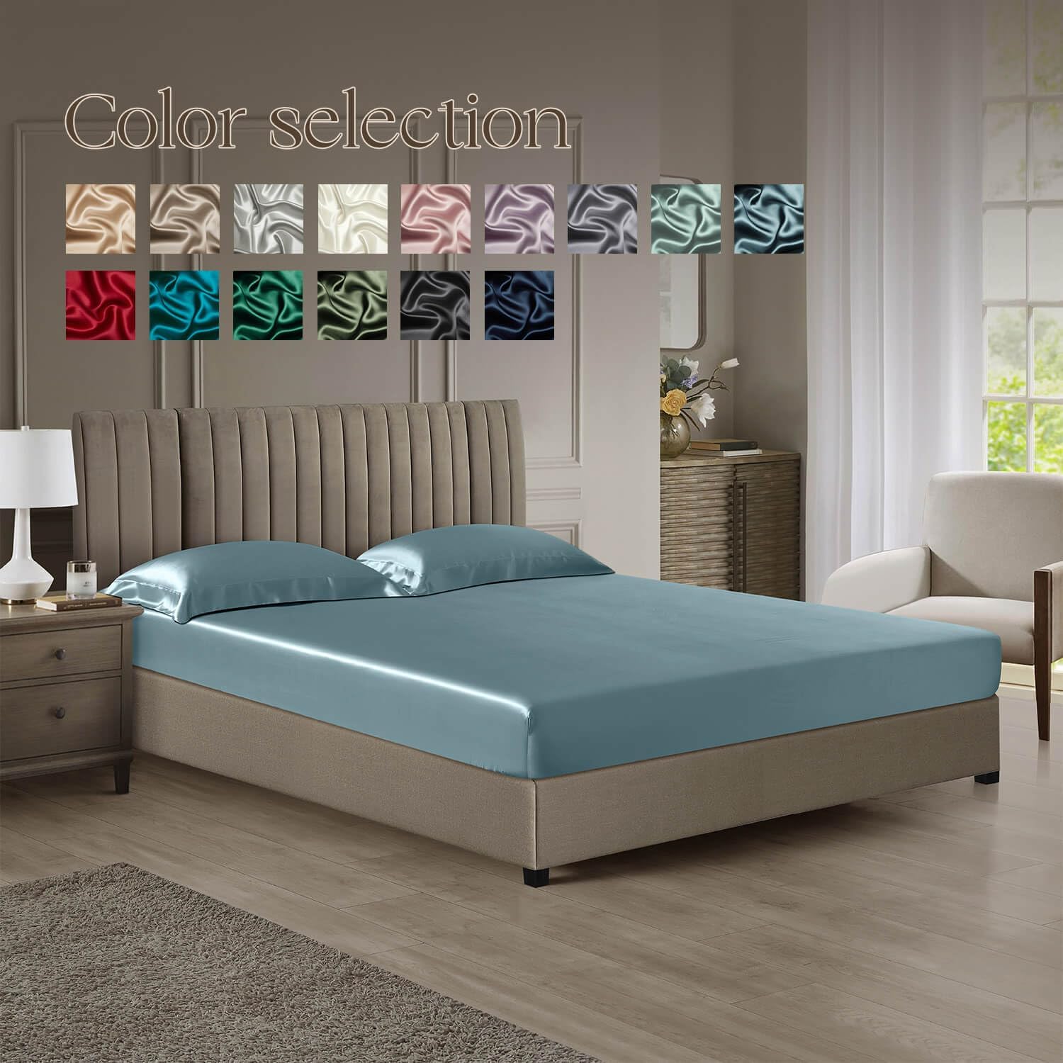 DISANGNI 22 Momme 100% Mulberry Silk Bedding Set - 4-Piece Luxury (2 Pillowcases, 1 Fitted Sheet, 1 Flat Sheet) - 6A Grade Natural Silk (Blue Gray, Queen)