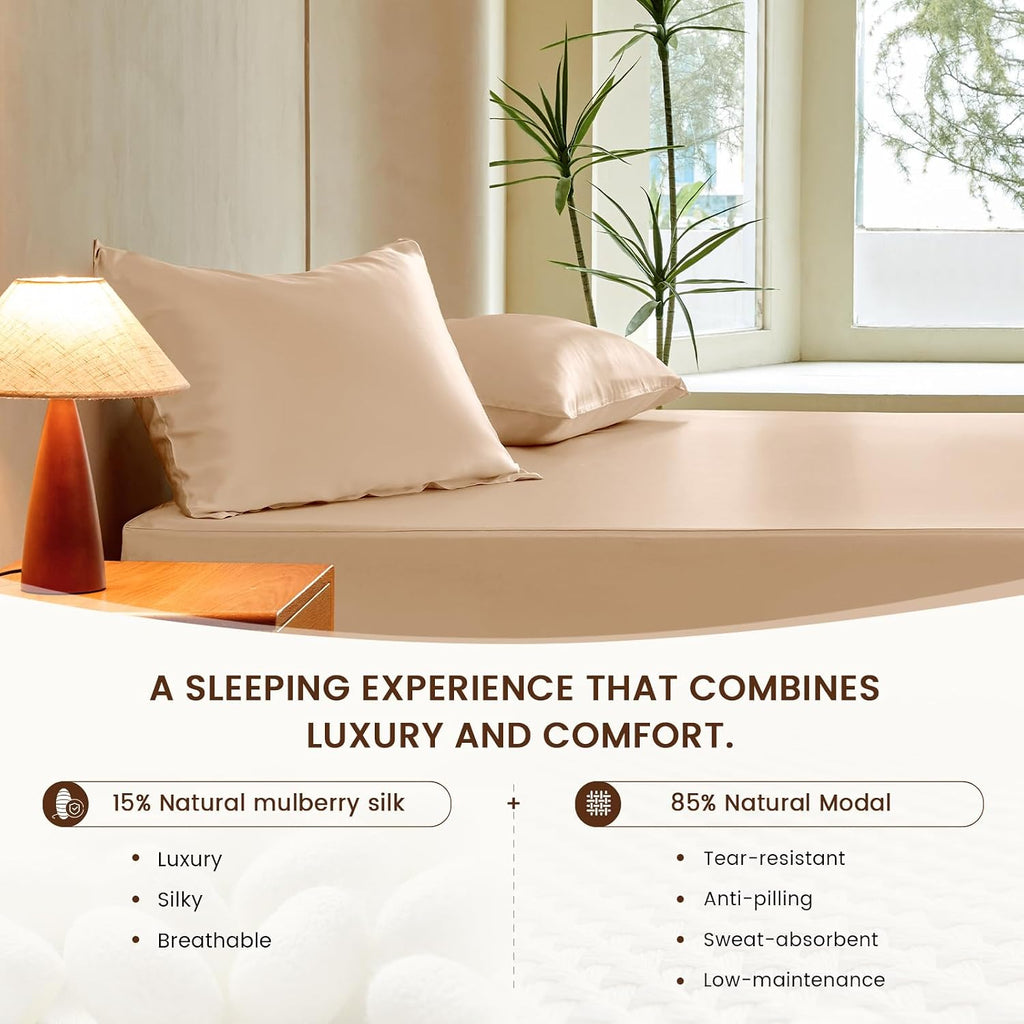 THXSILK Luxury Mulberry Silk Fitted Sheet Set 3 Pcs, King Silk Bed Sheet Set with 16' Deep Pockets, Soft & Cooling Sheets, 1 Fitted Sheet, 2 Pillowcases with Zipper Closure - Champagne
