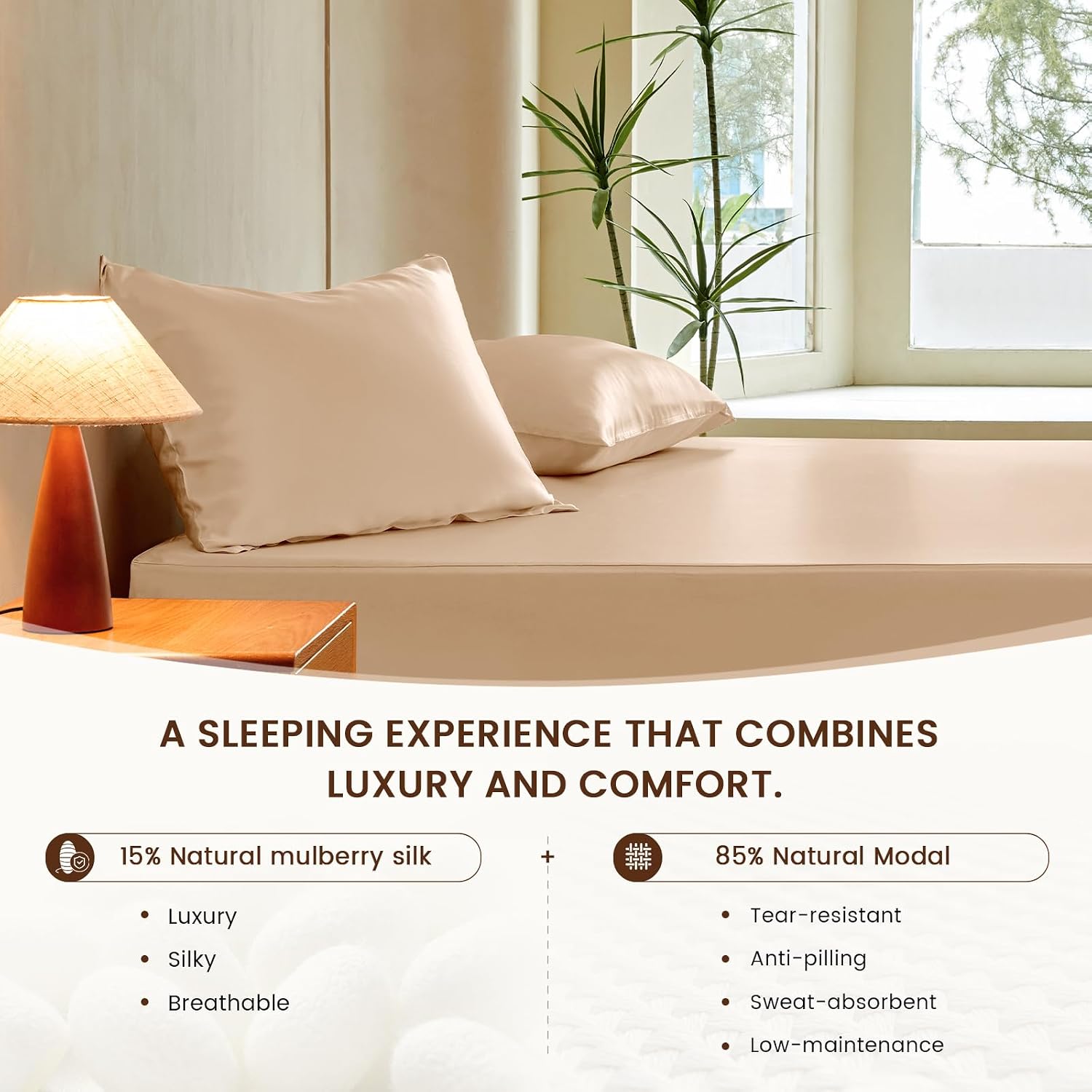 THXSILK Luxury Mulberry Silk Fitted Sheet Set 3 Pcs, King Silk Bed Sheet Set with 16' Deep Pockets, Soft & Cooling Sheets, 1 Fitted Sheet, 2 Pillowcases with Zipper Closure - Champagne