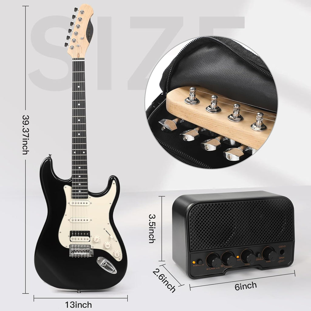 Musicool 39 Inch Electric Guitar Starter Kit– HSS Pickups Solid Body Electric Guitar Includes Amplifier, Bag, Digital Tuner, Strap, String, Cable, Picks, Beginner Gift（Black）