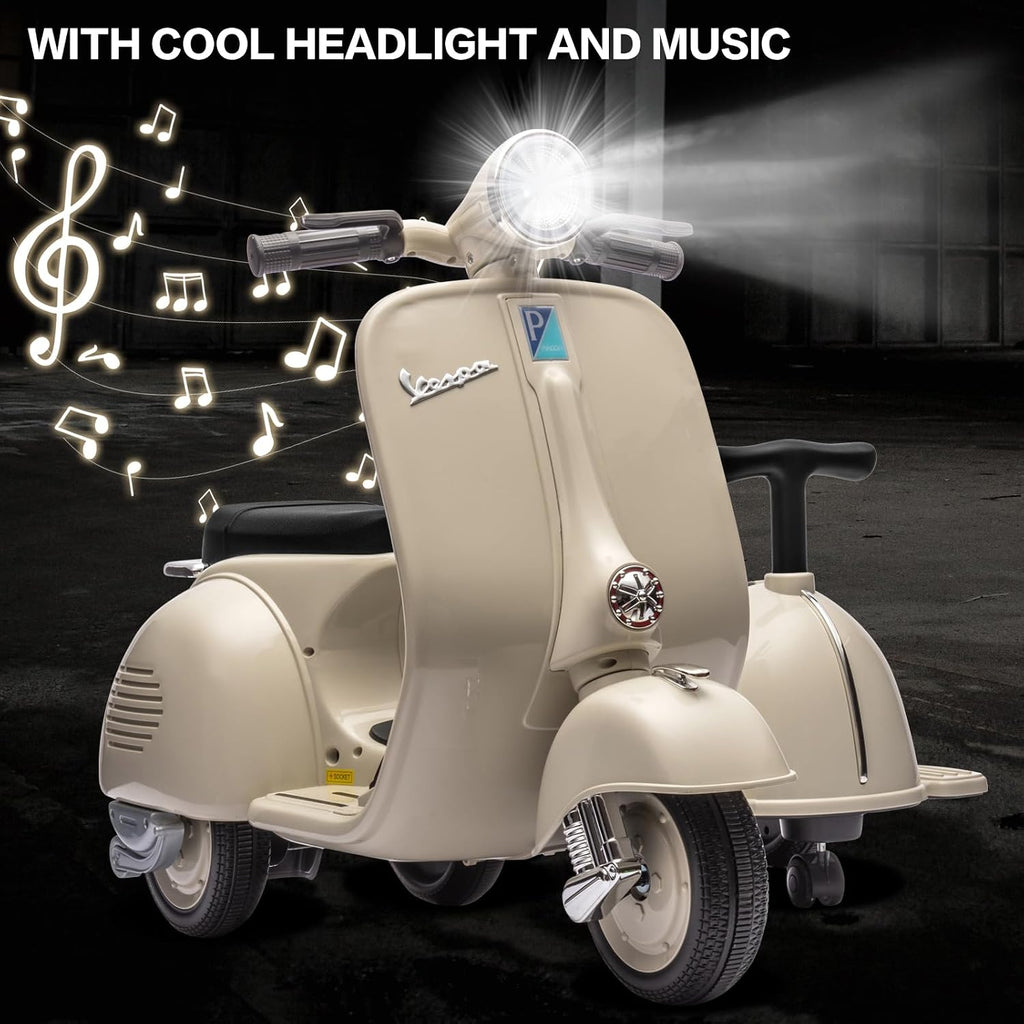 Licensed Vespa Ride on Toys, Motorcycle with Side Car & Speaker | Motorcycle 3 Wheeler 2 Seater Car Rechargeable with Music Player, Headlight, USB Plug, Forward, Backward, Beige