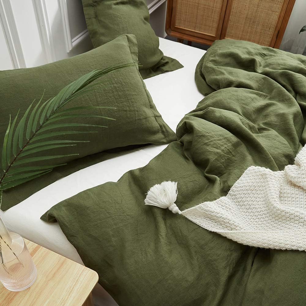 Simple&Opulence 100% Linen Duvet Cover Set, 3 PCS Olive Green Duvet Cover California King Size, Breathable Soft Comfy Linen Bedding Comforter Cover with 2 Pillowcases(Olive Green, 104'x98')