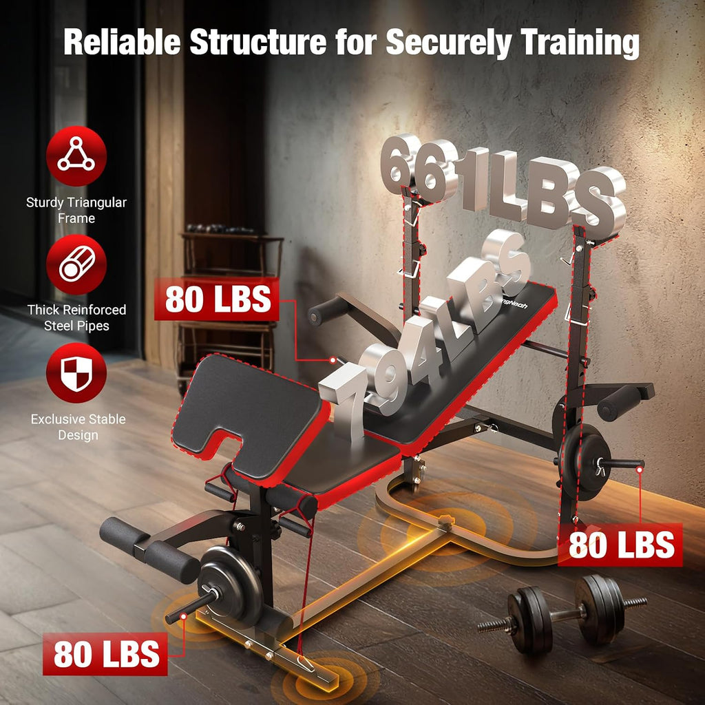 6-in-1 Foldable Weight Bench Set, 1695LBS Adjustable Workout Bench/Barbell Rack/Curl Pad, Bench Press, Leg Extension and Curl machine, Workout Fitness Equipment w/Squat Rack for Home Gym