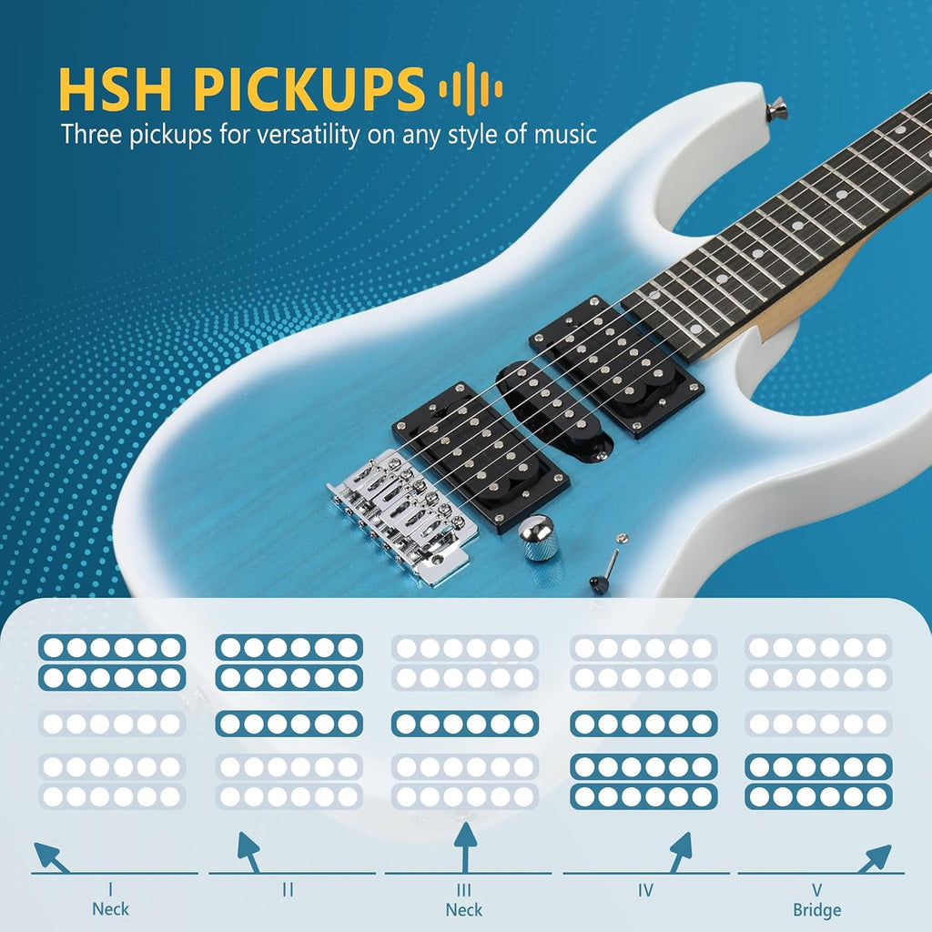 GLARRY 39' Full Size Electric Guitar Kit for Beginners, Starter Electric Guitar Set with 20W Amp & HSH Pickups, Model 170 (Ocean)