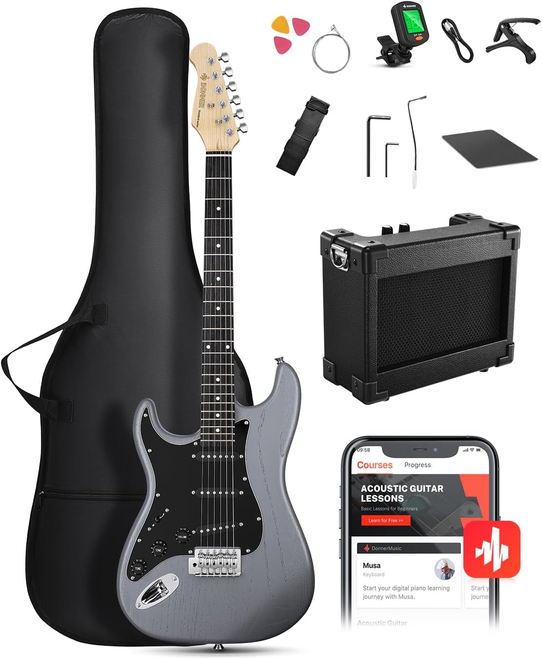DONNER DST-80 Left-Handed Electric Guitar 39' Beginner Electric Guitar Kit with Amp, Classic SSS Pickup Complete with Gig Bag, Tuner, Capo, Strap, Picks, and Free Online Lessons, Matte Black