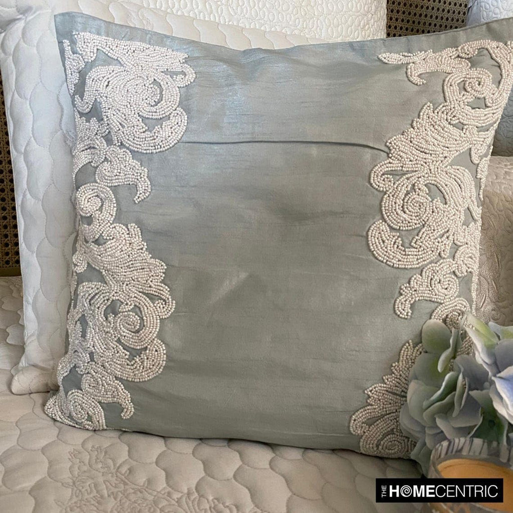 HomeCentric French Toile Pillow Shams Pack of 2 - 24x24 inch (60x60 cm) Square Silk Shams - Baroque Beaded Theme - Light Blue - Victorian - White Waters